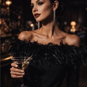 Black Feather Trim Off Shoulder Top Dramatic Goth Statement Blouse Long Sleeve S